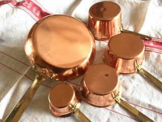 Four Vintage Copper Measuring Cups Plus A Pan,  Skillet,  Display