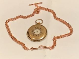 An Antique 9ct Gold Half Hunter Pocket Watch with double Albert chain 2