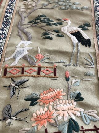 Vintage Chinese Hand Embroidered Silk Panel Tapestry Stalk Bird Butterfly 2