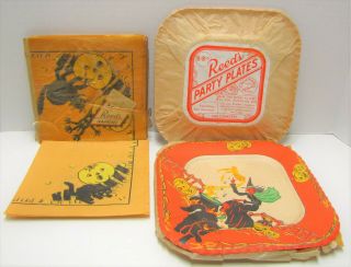 10 Reeds Party Plates 19 Napkins Vintage Halloween Witches Pumpkins Black Cats