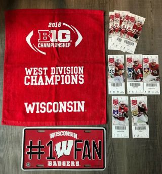 Wisconsin Badgers 2013 Football Ticket Stubs,  License Plate,  Big 10 Champs Towel