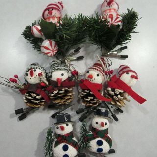 8 Vintage Snowman Clip On Christmas Ornaments - Pine Cones,  Stocking Cap,  Scarfs
