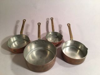 Set Of 4 Vintage Heavy Copper Brass Handle Meassuring Cups Pots,  Great Patina