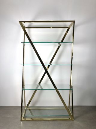 Vintage Milo Baughman Style Brass Glass X Etagere Shelving Mid Century Modern 3