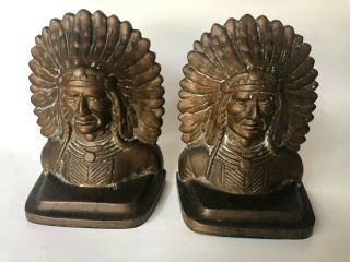 Antique Native American Indian Chief Bookends Copper Clad Cast Iron Bronze