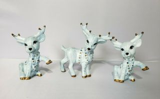 Vintage Kimple Mold Reindeer Set Of 3 Ceramic Blue Gold Rhinestone Christmas