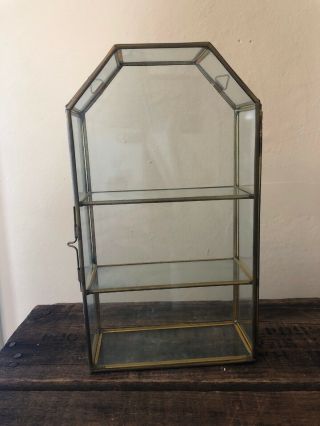 Vintage Brass Glass Table Top Wall Curio Cabinet Display Shelf Case 9” X 5”