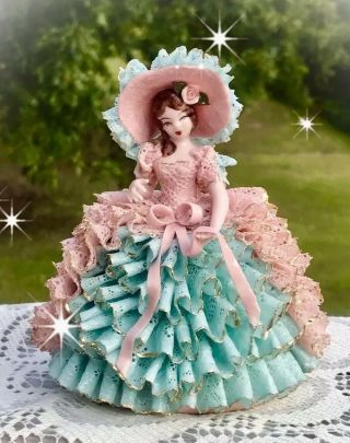 Vintage Heirlooms Of Tomorrow Figurine “amber” Pink & Blue W/dresden Style Lace