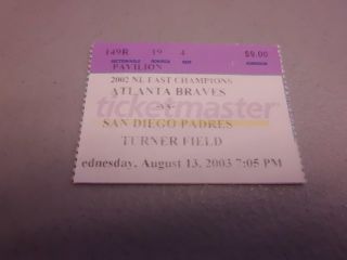 San Diego Padres Vs.  Atlanta Braves August 13,  2003 Baseball Game Ticket Stub