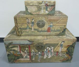 Set Of 3 Antique Chinese Pigskin Polychrome Hand Painted Chests Boxes Nesting