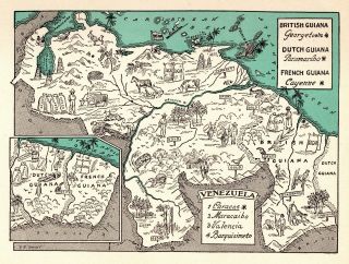 1942 Antique Venezuela Picture Map Of Guiana Print Vintage Pictorial Map 4084