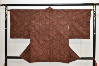 Vintage Silk Kimono Jacket:oshima - Tsumugi Black/orange Chrysanthemum@yv44