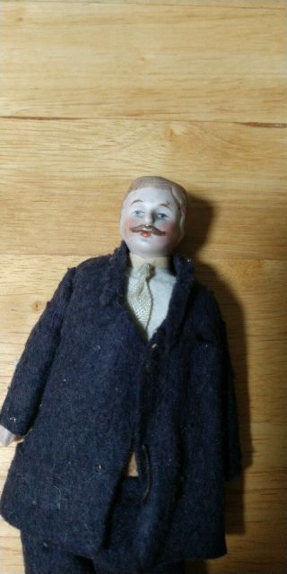 Antique German Bisque Head Dollhouse Doll Gentleman Moustache 6.  5 
