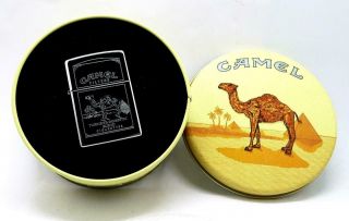 Vintage 1996 Zippo Lighter Camel Filters High Polish Chrome In Round Tin