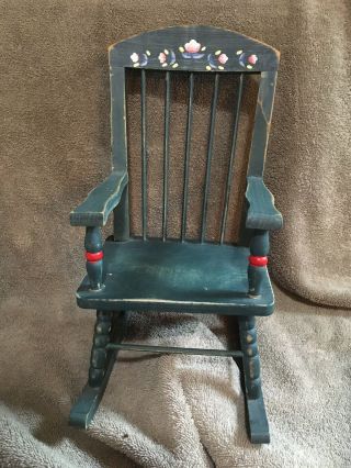 Unique Vintage Hand Painted Green Doll Rocking Chair,  10 1/2” Tall