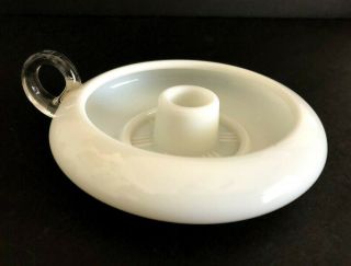 Vintage Round Milk Glass Candle Holder With Clear Glass Finger Loop 5 " Diameter