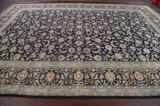 Vintage All - Over Navy Blue/gold Kashaan Floral Area Rug Wool Hand - Knotted 9 