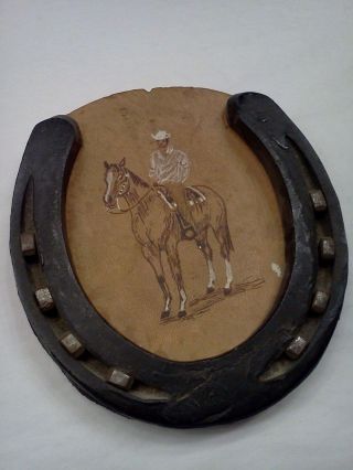 Vintage Horseshoe Painted Leather Cowboy Art Wall Decor Hand Made Horse Western