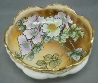 Antique Nippon Morimura Hand Painted Pink & White Wild Roses & Gold Moriage Bowl