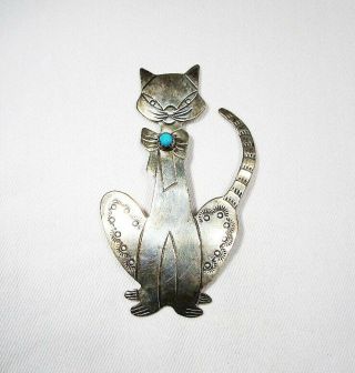 Vintage Navajo Signed Rb Sterling Silver Turquoise Cat Brooch C2721