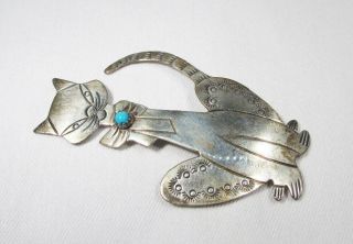 Vintage Navajo Signed RB Sterling Silver Turquoise Cat Brooch C2721 2