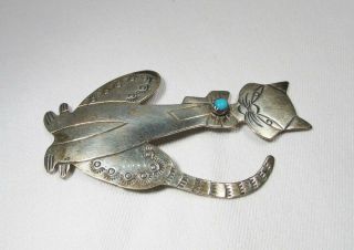 Vintage Navajo Signed RB Sterling Silver Turquoise Cat Brooch C2721 3