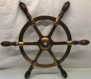 Antique 19.  5 " Solid Brass Ships Wheel With Oak Wood Handles