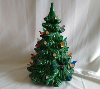Vintage Ceramic Christmas Tree 10 " Tall Green Lights Up No Base Mcm Retro