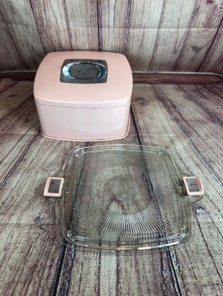Vintage Large Mid - Century Pink Metal Cake Saver Carrier W/glass Plate - -