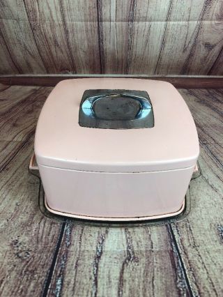 Vintage Large Mid - Century Pink Metal Cake Saver Carrier w/Glass Plate - - 2