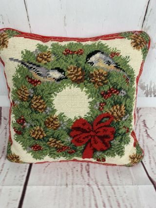 Vtg.  Needlepoint Pillow Holiday Wreath Chickadee Birds Velvet Back