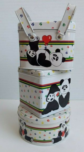 The Tin Box Co.  Panda Bear Vintage Tin Boxes Round Square Basket Set Of 3 1985