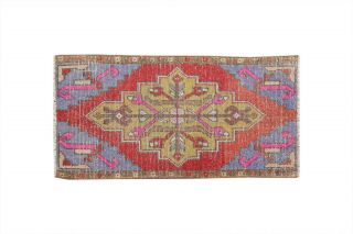 2x4 Hand Knotted Geometric Oriental Vintage Wool Red And Blue Turkish Area Rug