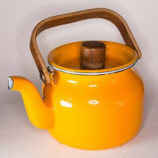 Vintage Mcm Style 1 Pint Yellow Orange Enamel Teapot Wood Handle Kettle Tea Pot