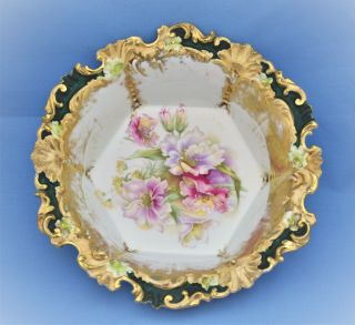 Antique R.  S.  Prussia Germany Large Serving Bowl Molded Floral Green Gold