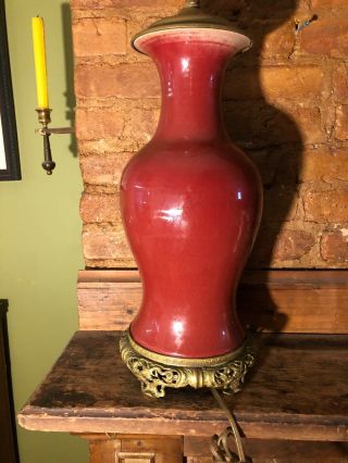 Antique Chinese Flambe Ox Blood Lamp Large 18” Old Paper Label