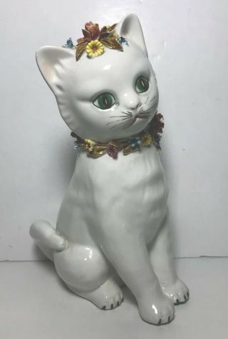 Mid Century Vintage White And Applied Floral Italy Ceramic Cat 8.  25 " Green Eyes