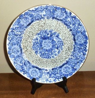 Vintage Poland Cmielow Plate - Hand - Painted & Signed Blue & Gold Floral