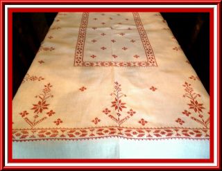 Fabulous Vintage Hand Embroidered White Linen Tablecloth With Red Design
