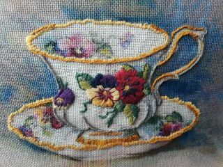 Vintage Stich Picture Of Tea Cup.  Framed.