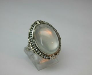 Antique Art Deco Natural 13.  5 Ct Moonstone Pearl 14k White Gold Filigree Ring