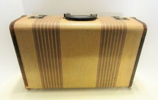 Vintage Hard Side Striped Tweed Suitcase Leather Trim