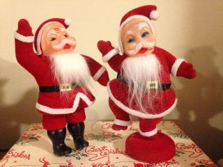2 Vintage Santa Clause Christmas Figures - One Dancing Flocked