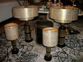 Vtg Mid Modern Table Lamp Set Of 4 With Matching Garbage Can
