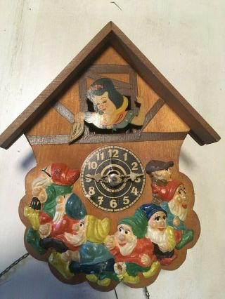 Disney Vintage Snow White 7 Dwarfs Wood Mechanical Weight Pendulum Clock Austria 2