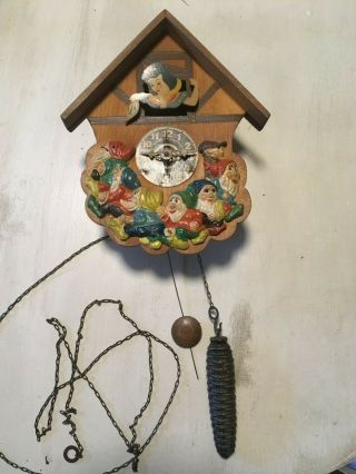 Disney Vintage Snow White 7 Dwarfs Wood Mechanical Weight Pendulum Clock Austria 3
