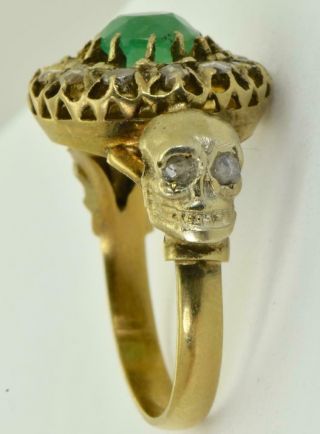 Rare Antique Victorian Memento Mori Skulls 18k Gold,  Diamonds&emerald Ladies Ring