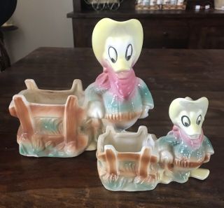 Vintage 1950s Disney Miniature Cowboy Donald Duck Leeds Ceramic Planter