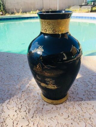 Vintage Japanese Black Glazed Ceramic Vase W/ Gilded Landscape And Floral Trim