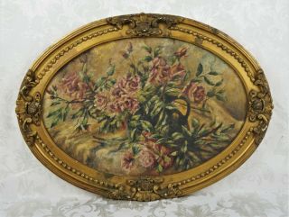 Antique Floral Oil Painting Of Flowers Roses In Gold Gilt Oval Frame